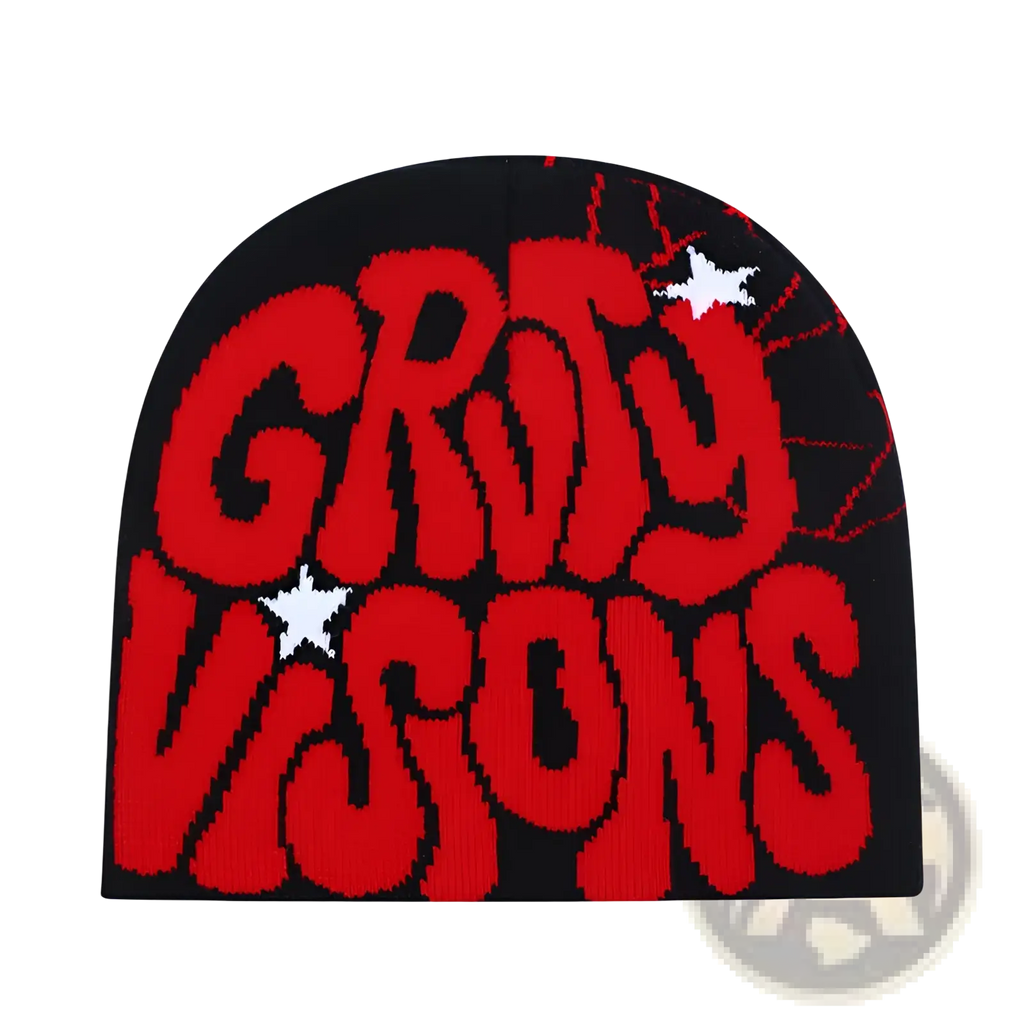 Black knit grady visions beanie hat with bold red groovy visions lettering white stars and splatter details