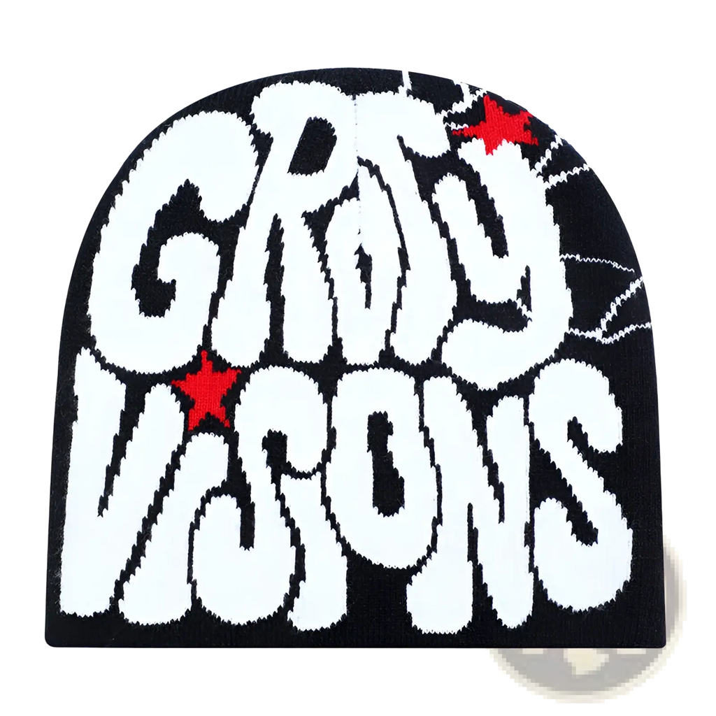 Black knit Grady Visions beanie hat with bold white crov and visions lettering and red star accents