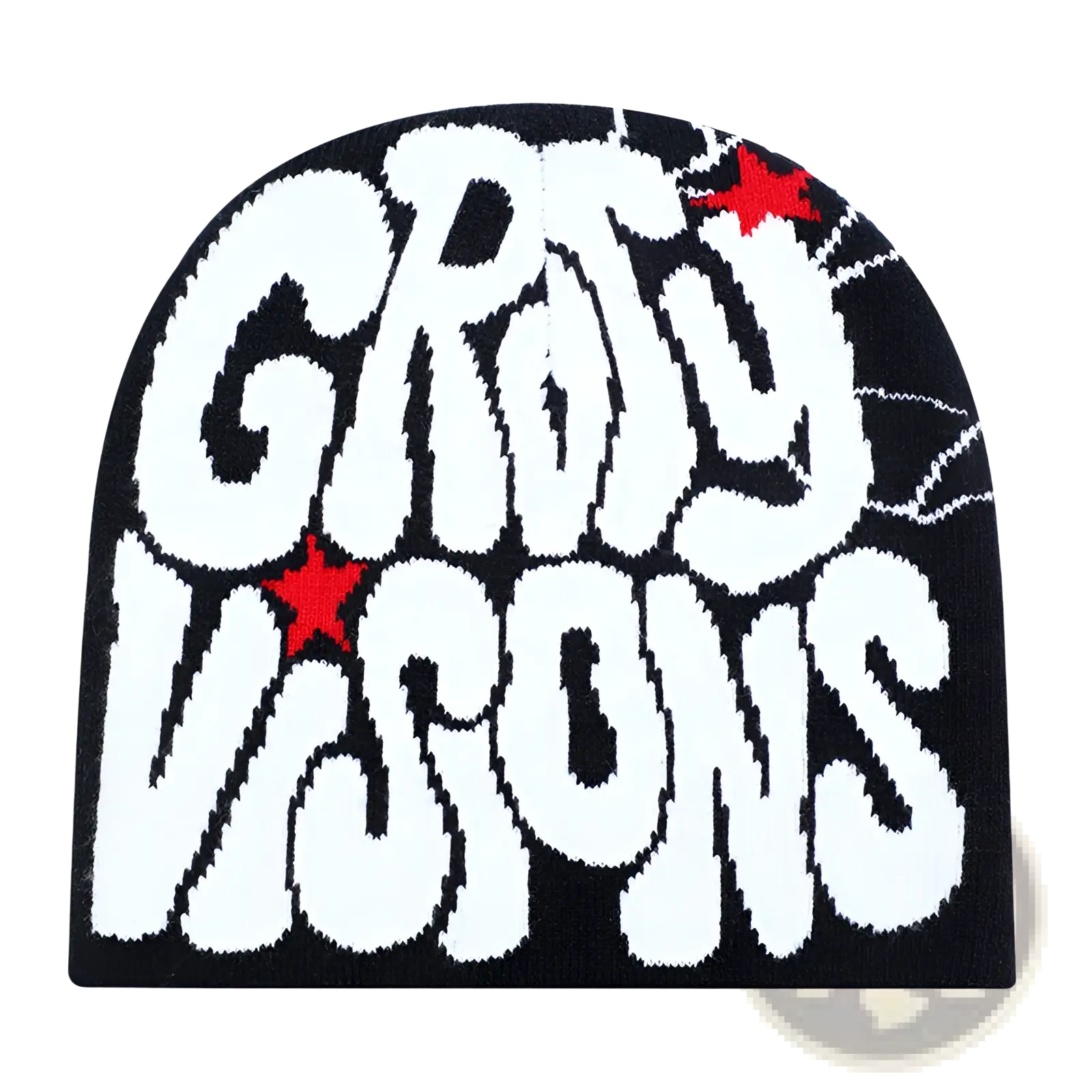 Black knit Grady Visions beanie hat with bold white crov and visions lettering and red star accents