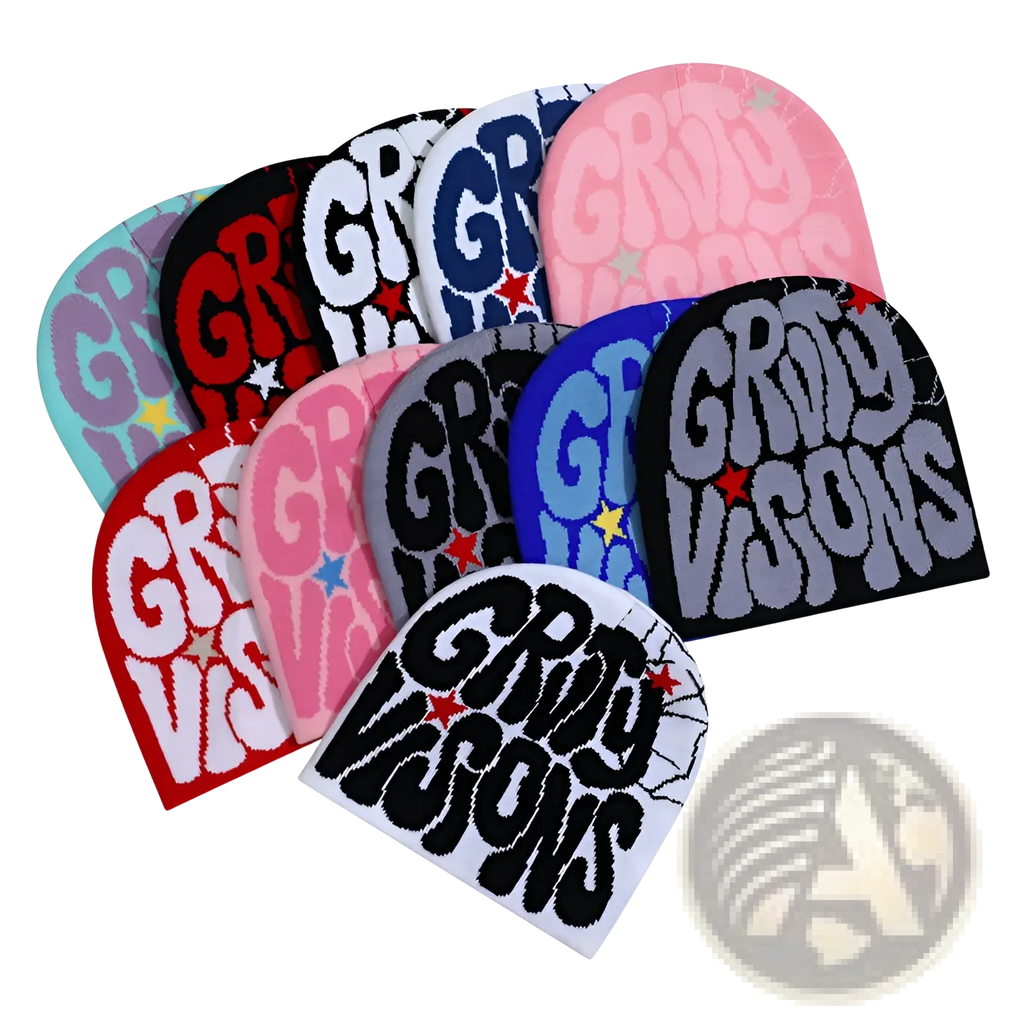 Colorful knit Grady Visions beanie hats with bold lettering and star accents made from warm yarn for winter wear