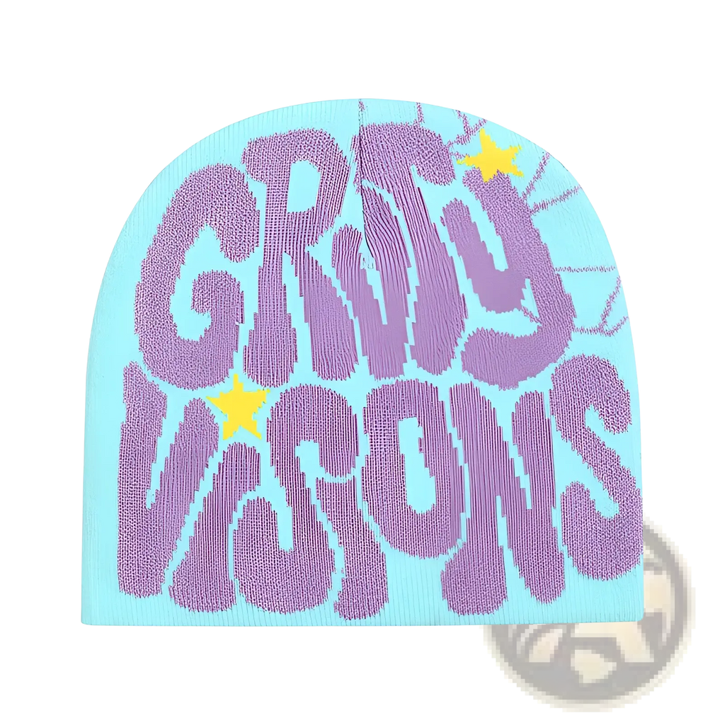 Grady Visions knit beanie hat in light blue knit featuring bold purple gruy visions lettering and yellow stars woven design