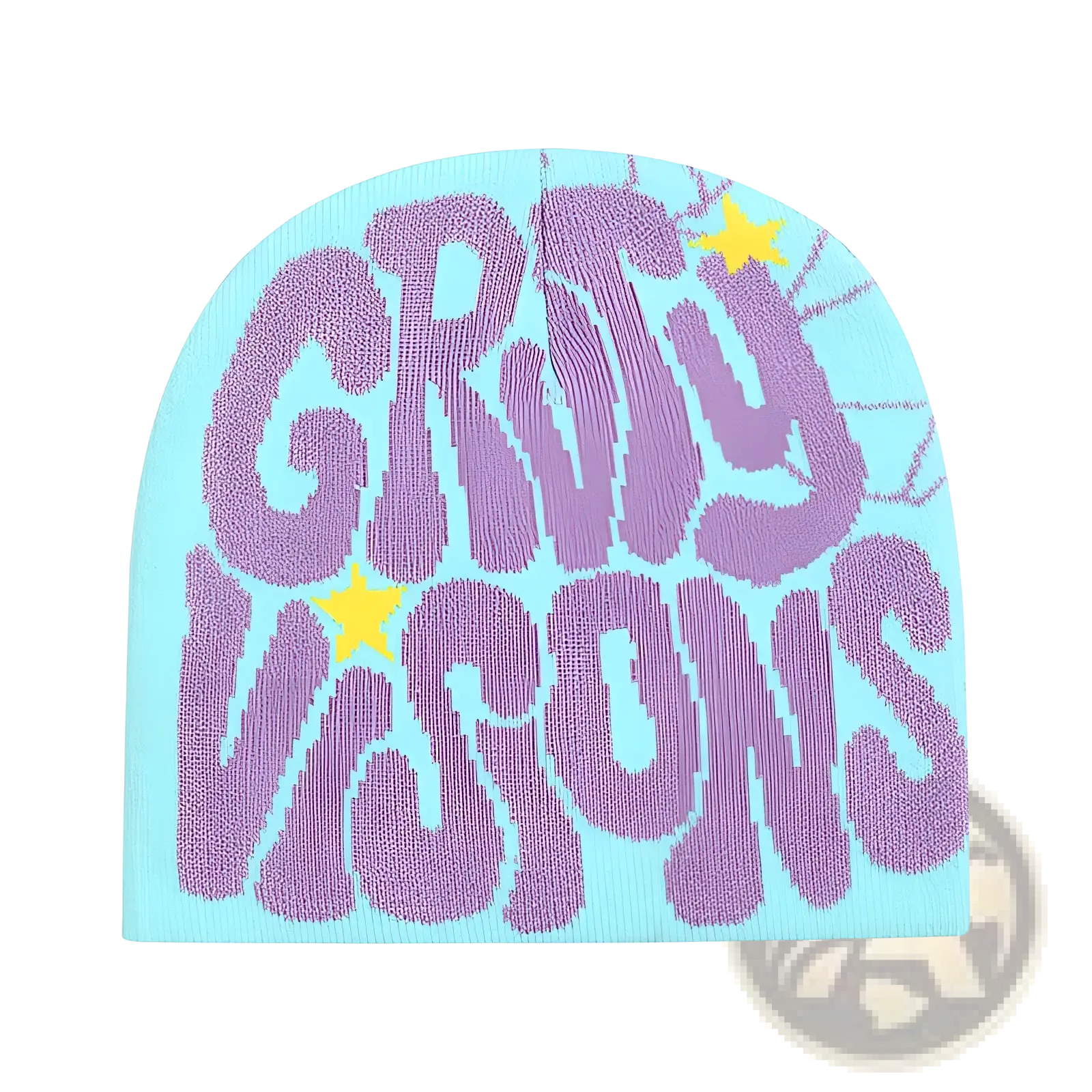 Grady Visions knit beanie hat in light blue knit featuring bold purple gruy visions lettering and yellow stars woven design