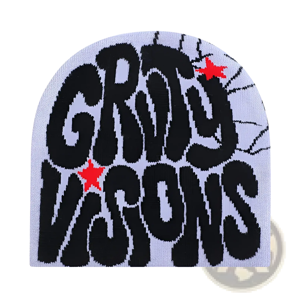 Light gray knit beanie hat featuring bold black grdy visions lettering with red stars and spiderweb design