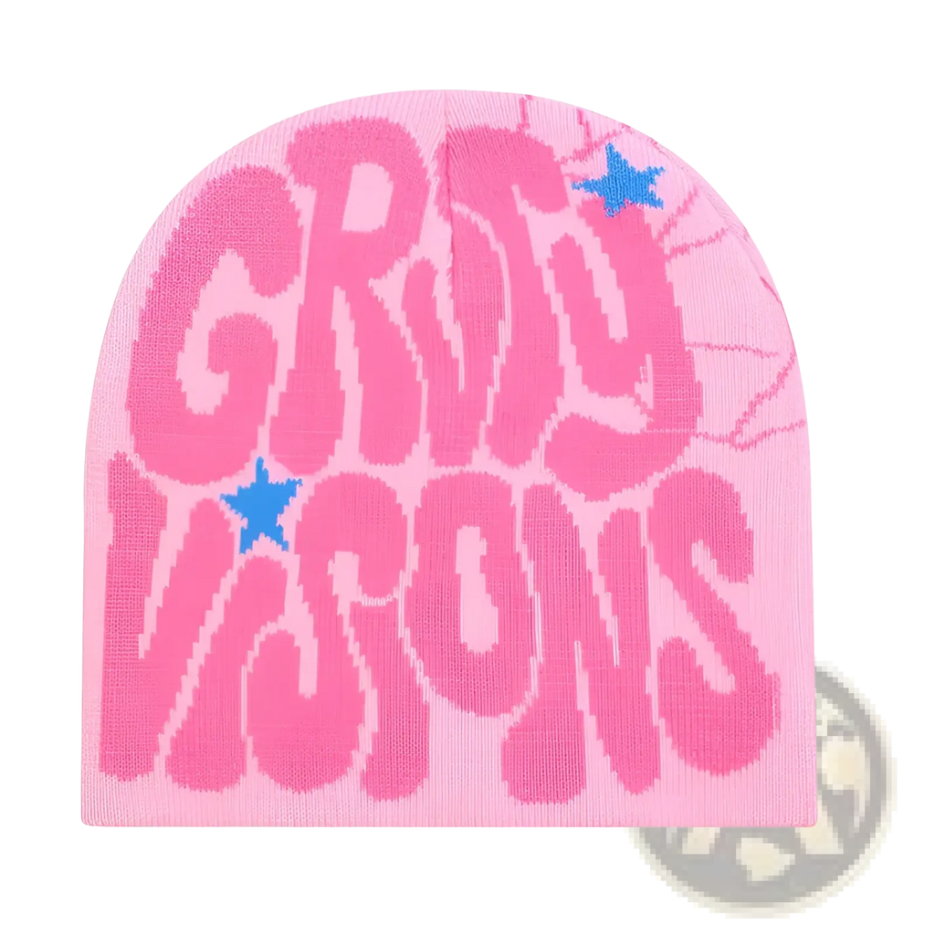Pink knit Grady Visions beanie hat featuring bold oversized lettering and two small blue star accents on the front