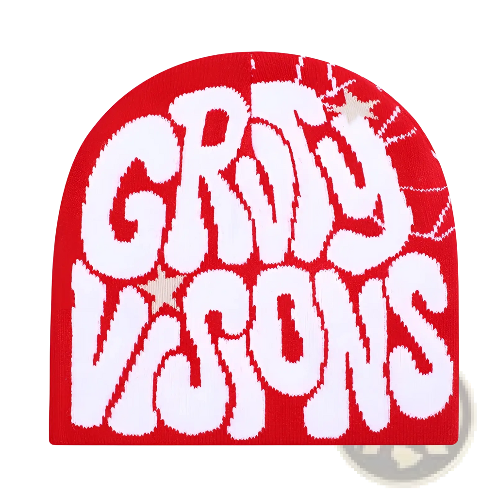 Red knit Grady Visions beanie hat featuring bold white groovy visions lettering and small star details