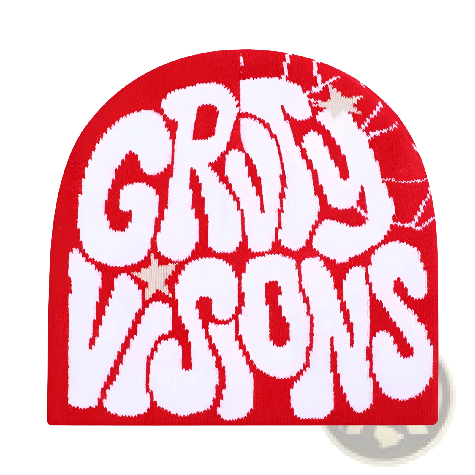 Red knit Grady Visions beanie hat featuring bold white groovy visions lettering and small star details