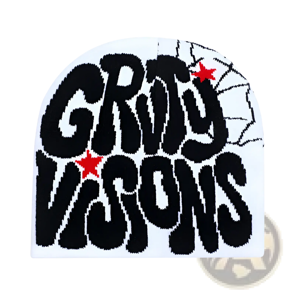 White knit grady visions beanie hat with bold black lettering red star accents and spiderweb design on the side