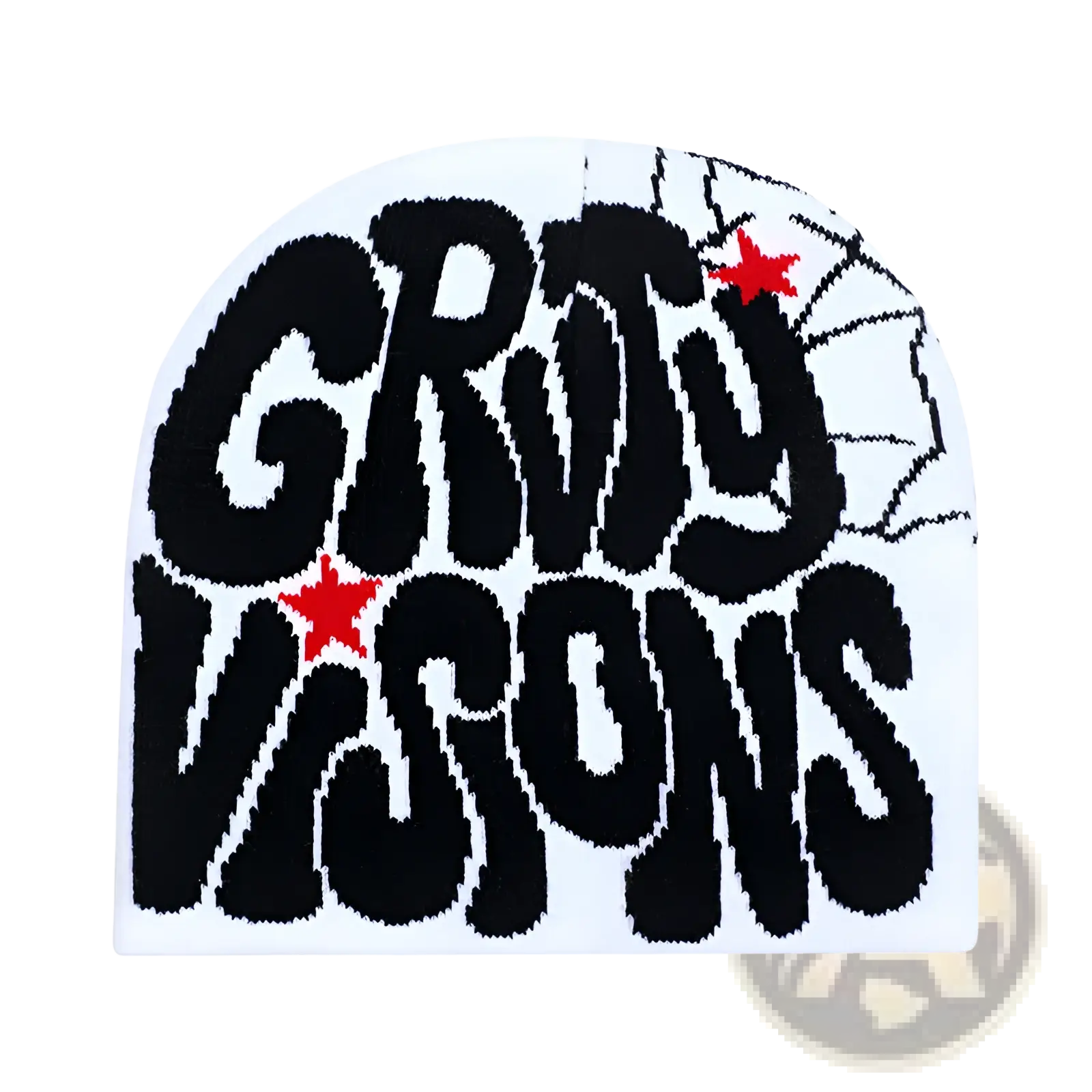 White knit grady visions beanie hat with bold black lettering red star accents and spiderweb design on the side