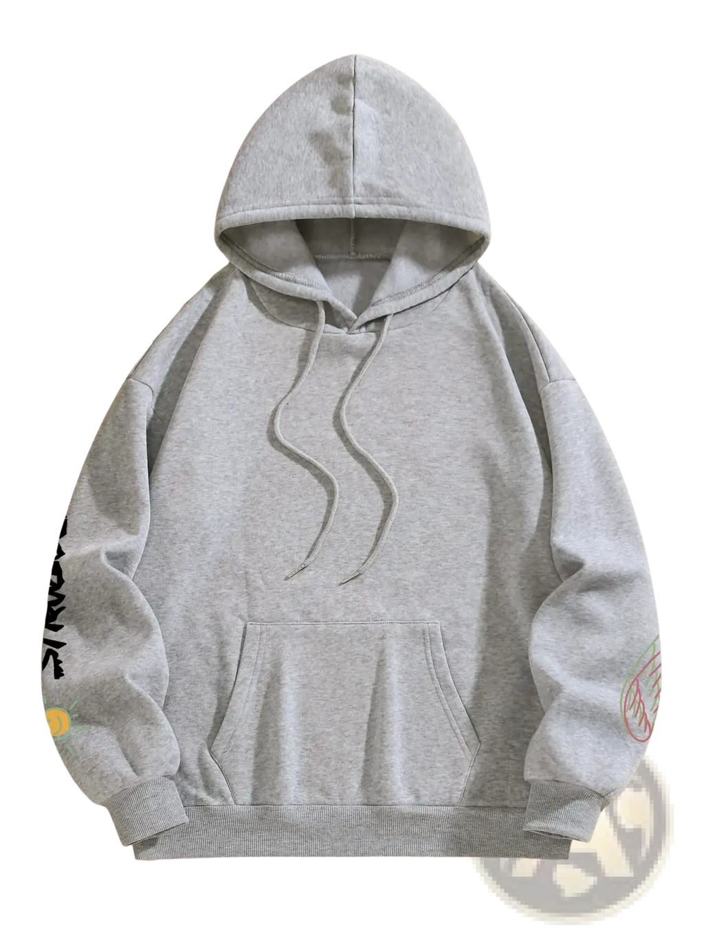 Graffiti bear fleece hoodie women in soft gray with front pocket, drawstrings, and subtle sleeve graphic designs