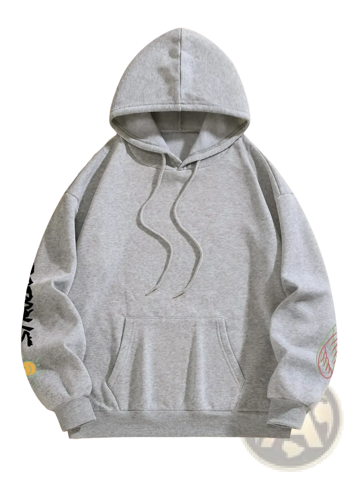 Graffiti bear fleece hoodie women in soft gray with front pocket, drawstrings, and subtle sleeve graphic designs