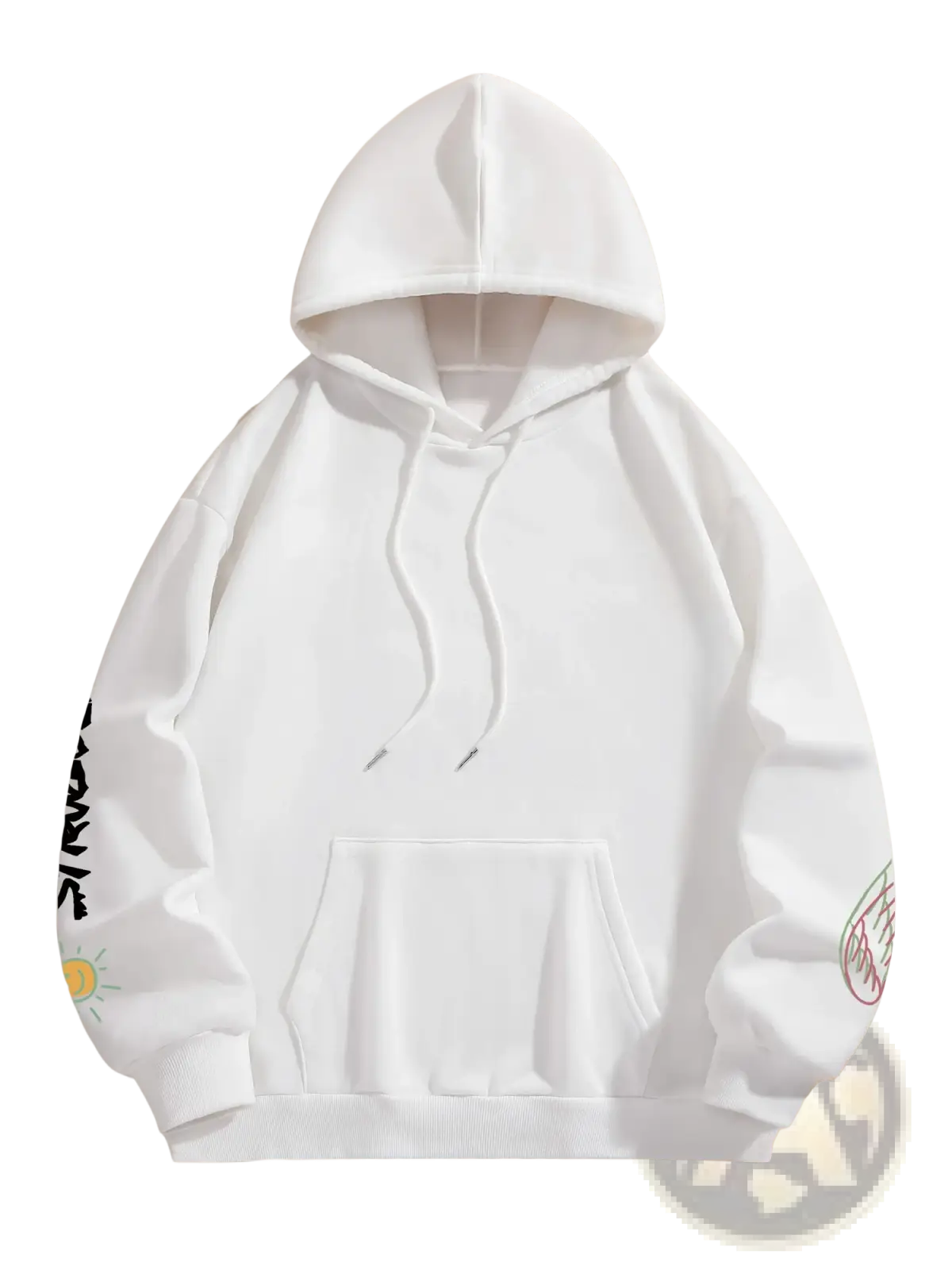 White cotton Graffiti Bear fleece hoodie for women with black and colorful graphic prints on the sleeves