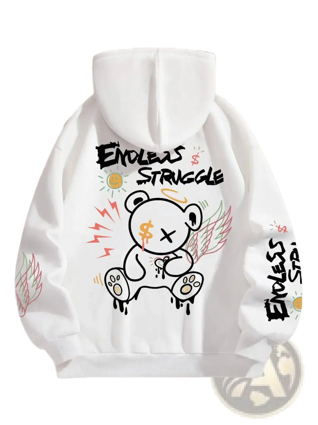 White fleece hoodie for women featuring a colorful black orange pink and yellow graffiti bear with wings and dollar signs