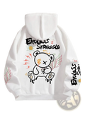 White fleece hoodie for women featuring a colorful black orange pink and yellow graffiti bear with wings and dollar signs