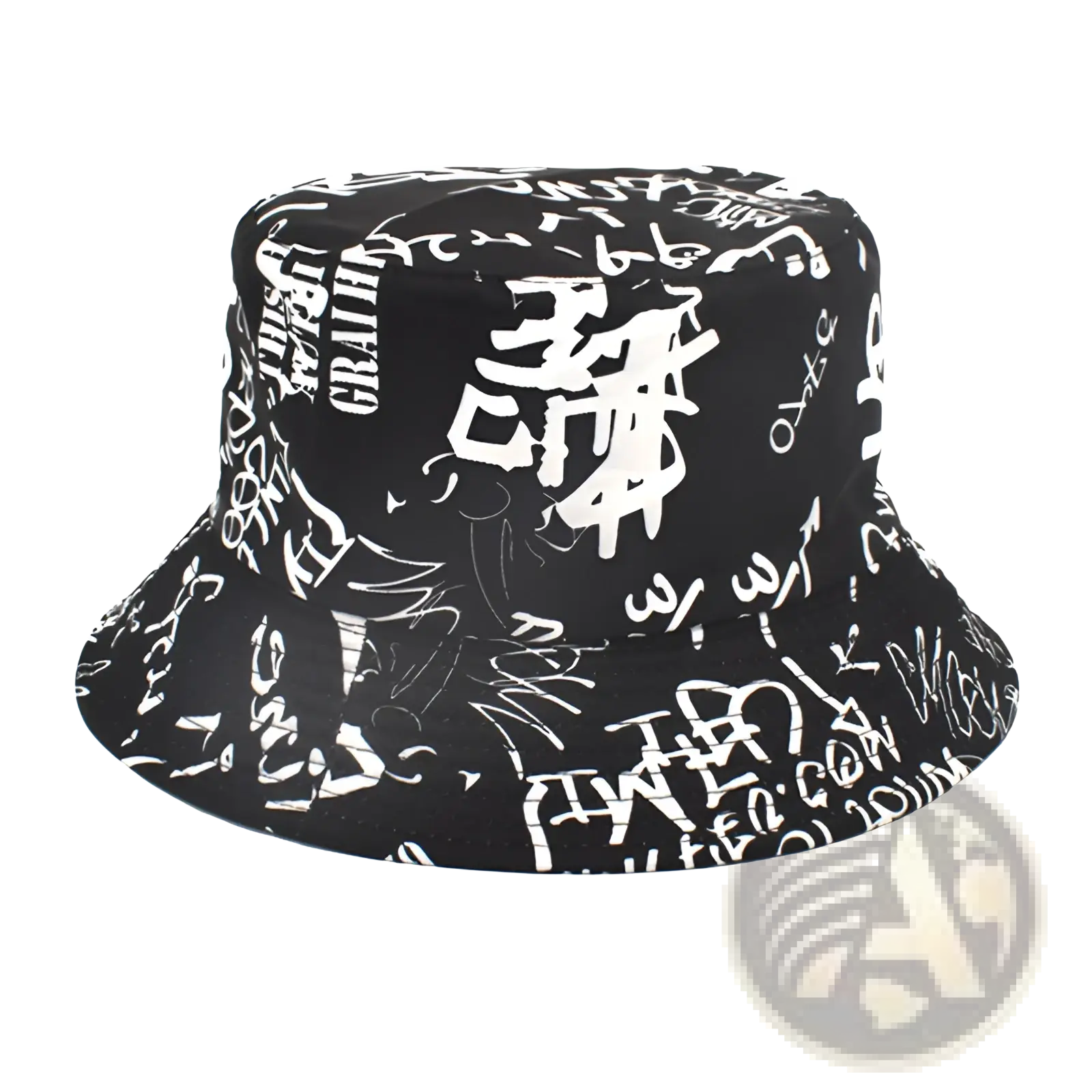 Black bucket hat with bold white graffiti lettering designed as a breathable sunscreen travel cap
