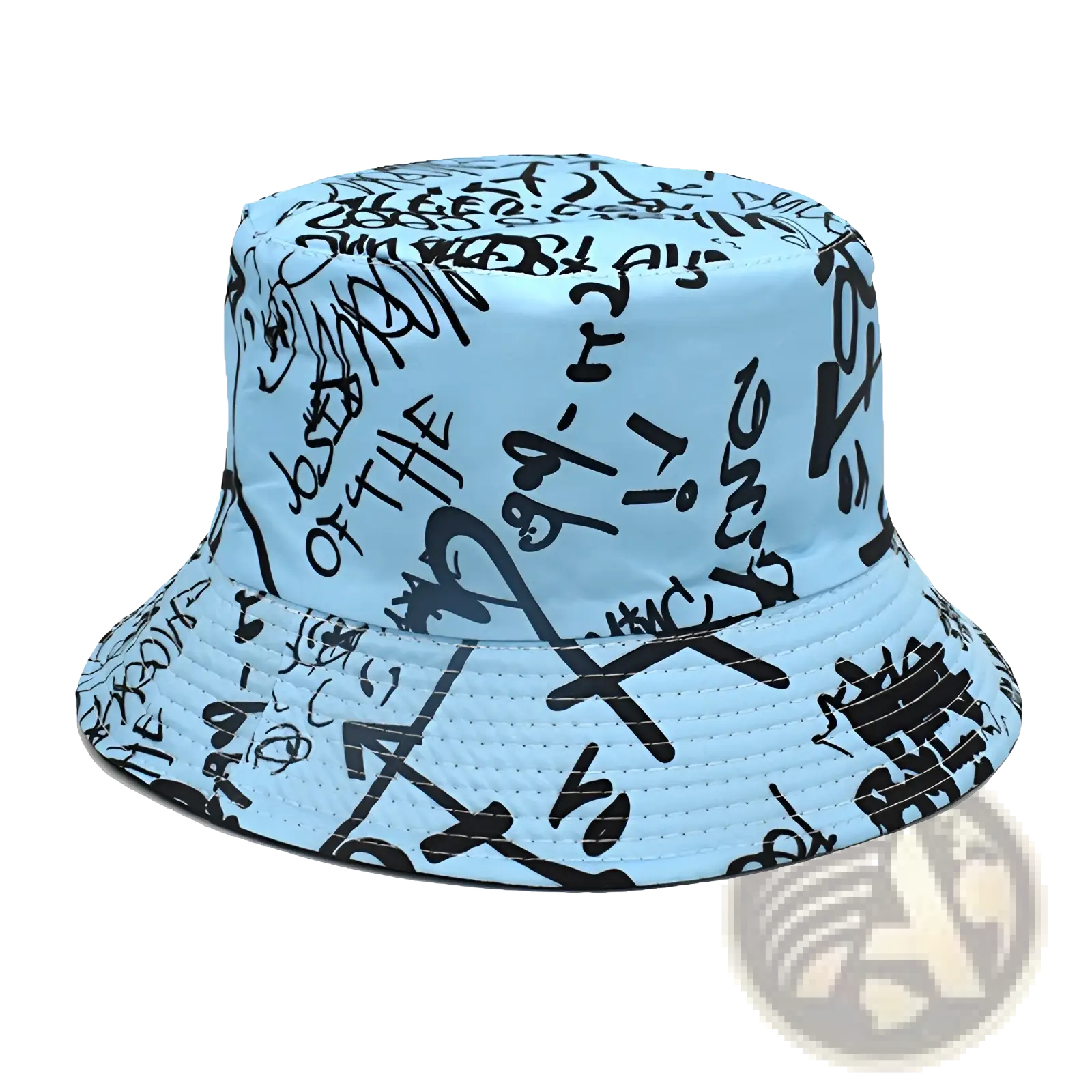 Light blue breathable bucket hat with black graffiti-style scribbles and equations for travel and sunscreen protection