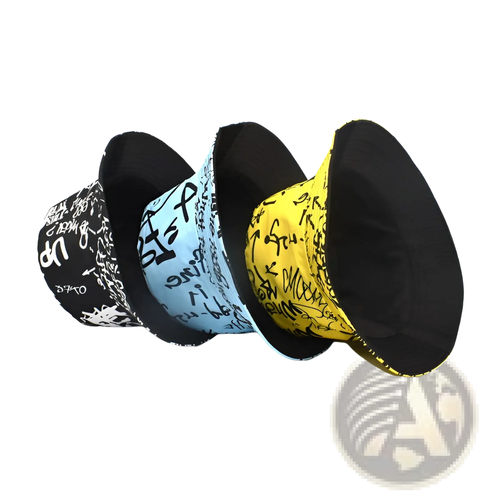Three graffiti bucket hats in black light blue and yellow with bold lettering on fabric for sunscreen and travel use