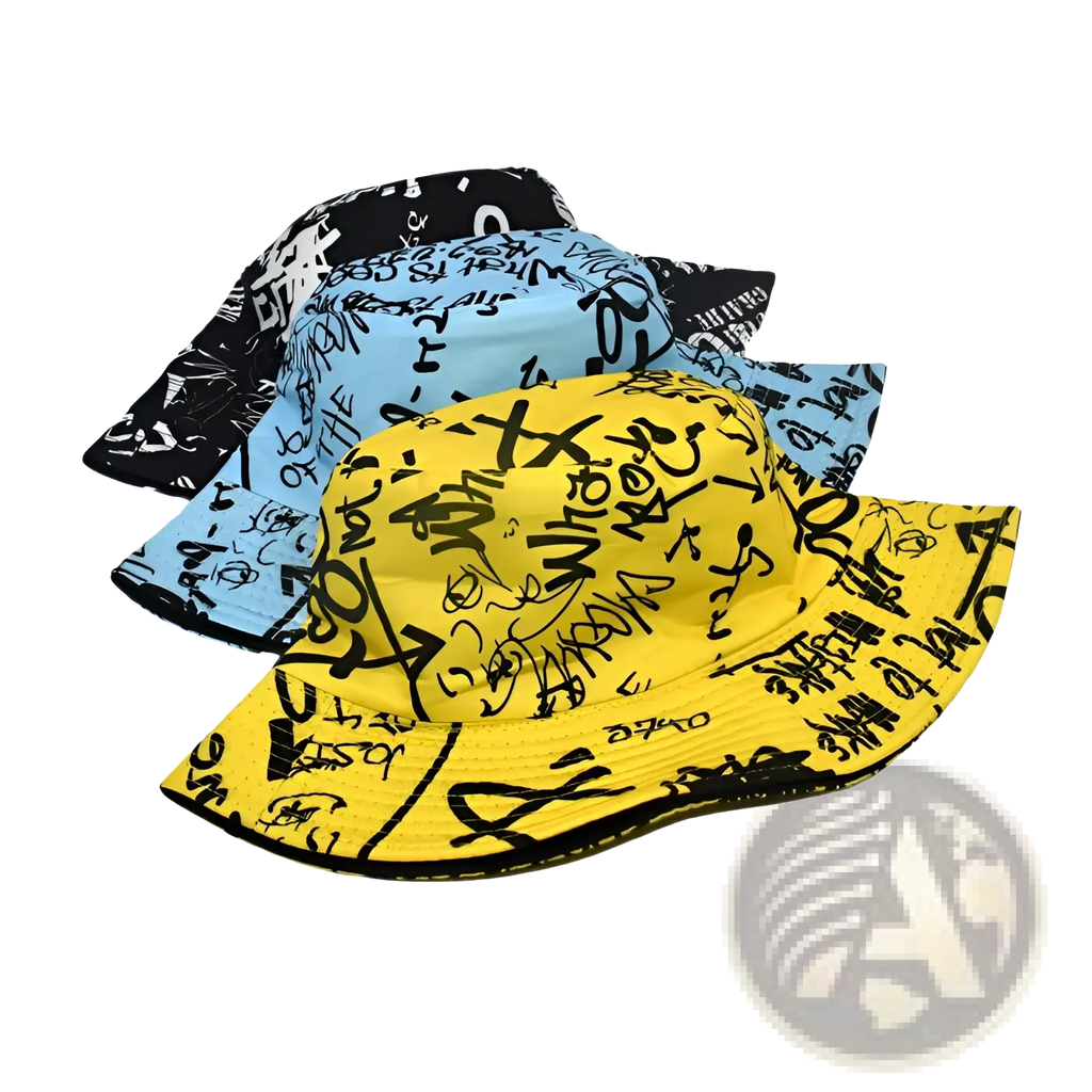 Bright yellow graffiti bucket hat with bold black lettering and matching trim, breathable and ideal for travel and sunscreen protection