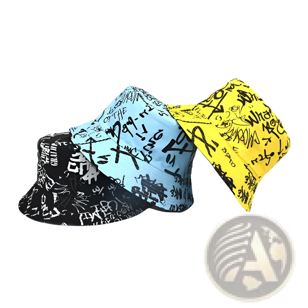 Three graffiti-patterned bucket hats in black light blue and yellow featuring breathable sunscreen fabric ideal for travel