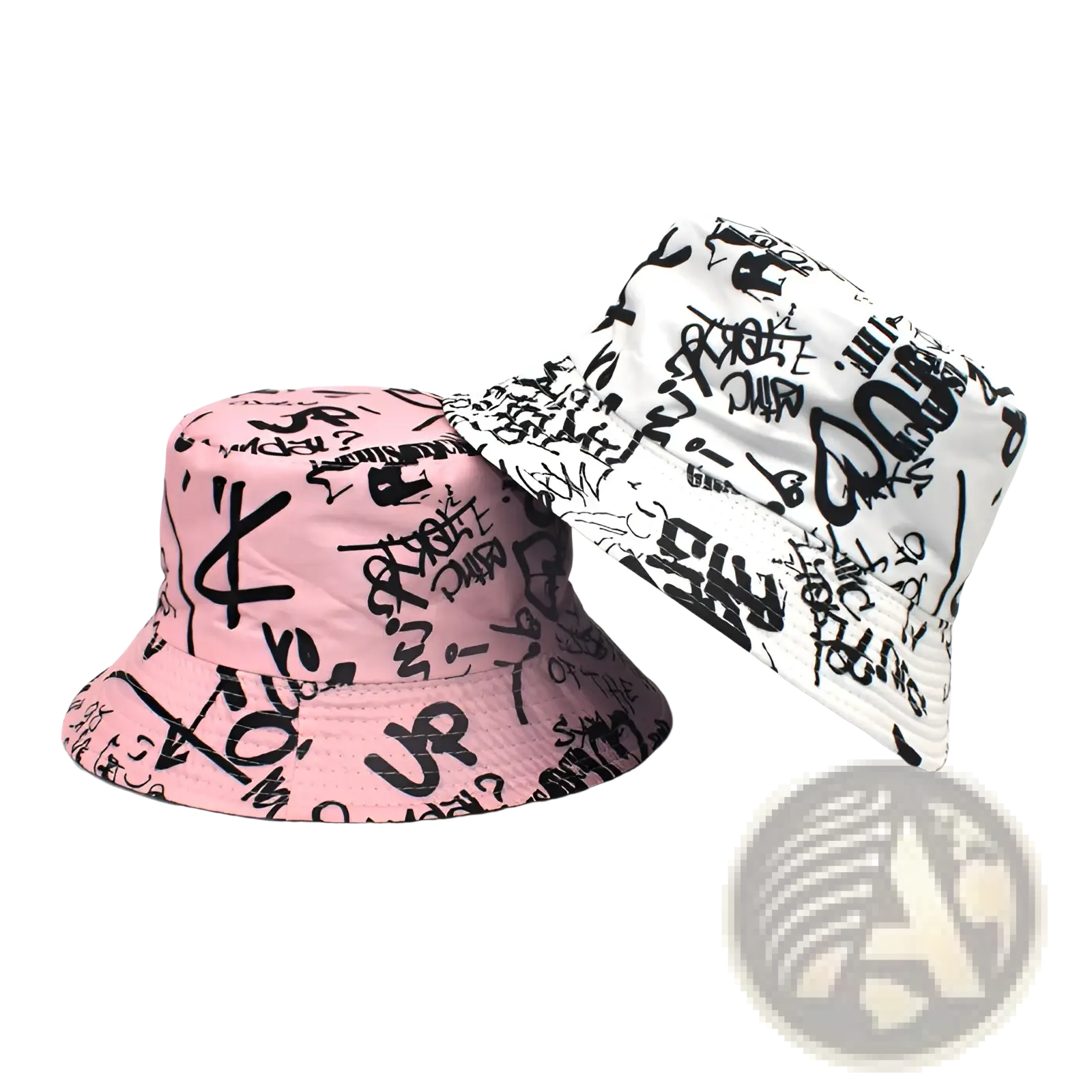Pink and white graffiti bucket hats with black lettering breathable sunscreen travel caps