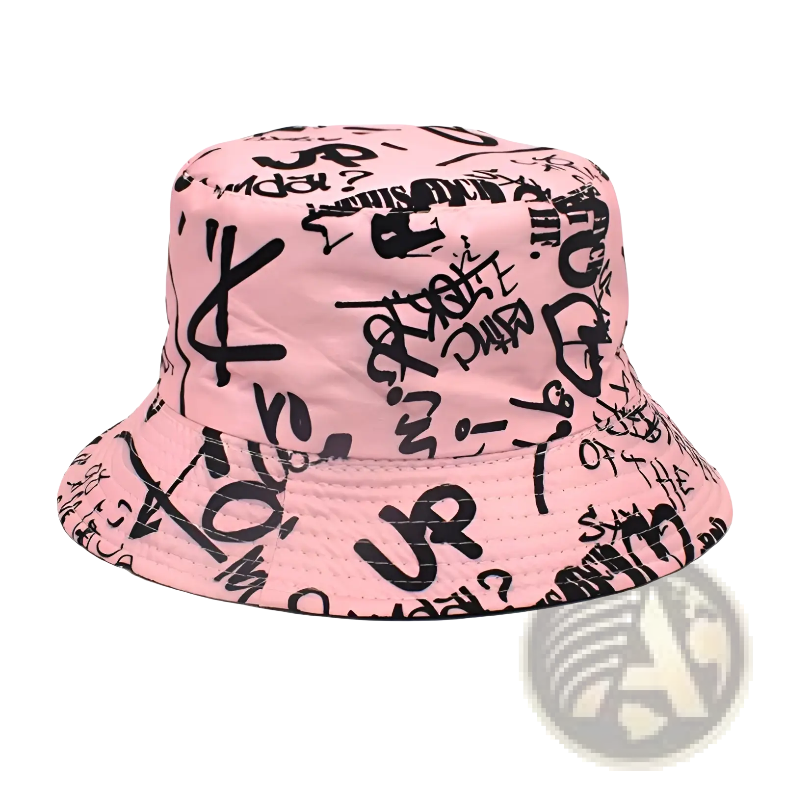 Pink breathable graffiti bucket hat with black lettering designed for sunscreen protection and travel use