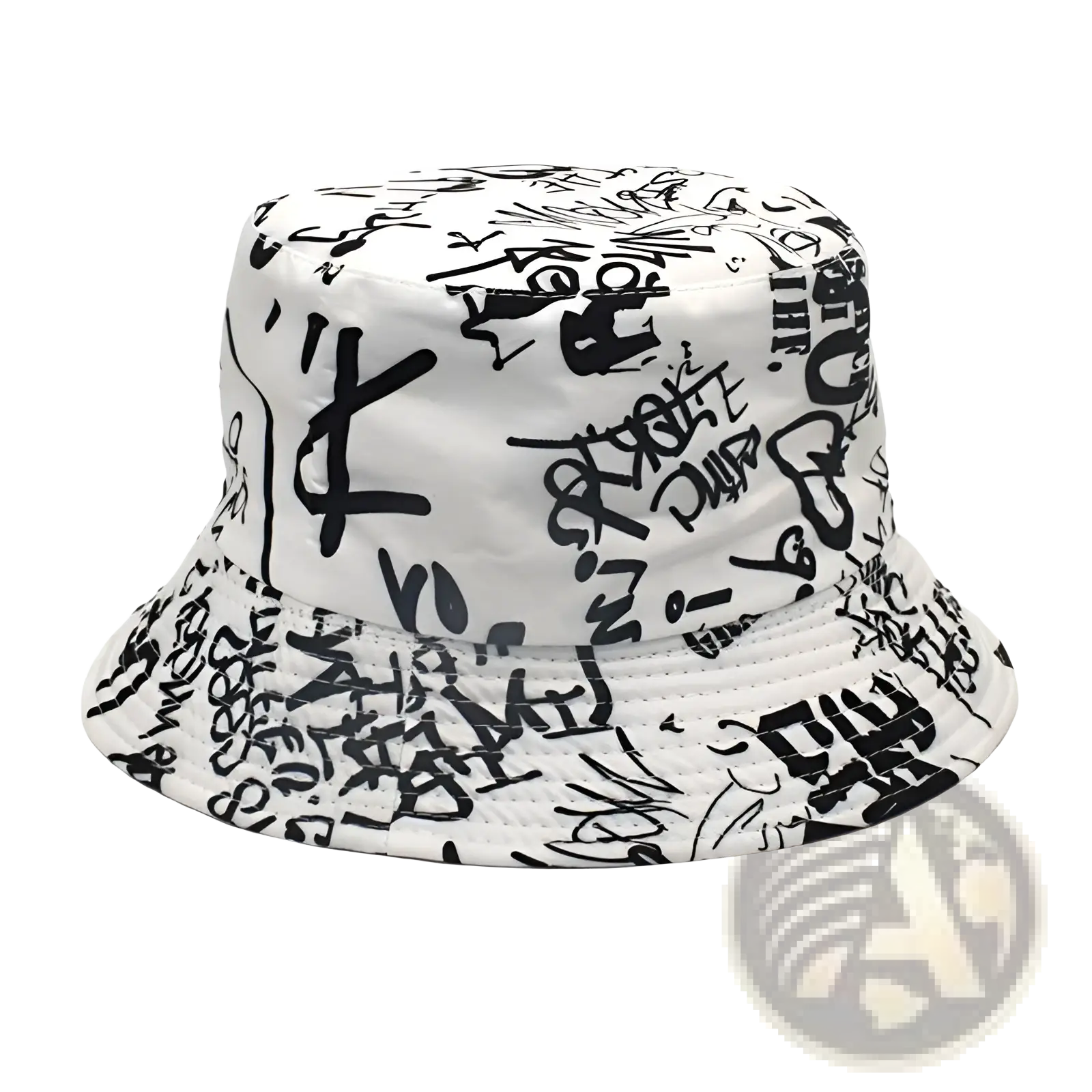 White bucket hat with bold black graffiti lettering breathable sunscreen travel cap for outdoor use
