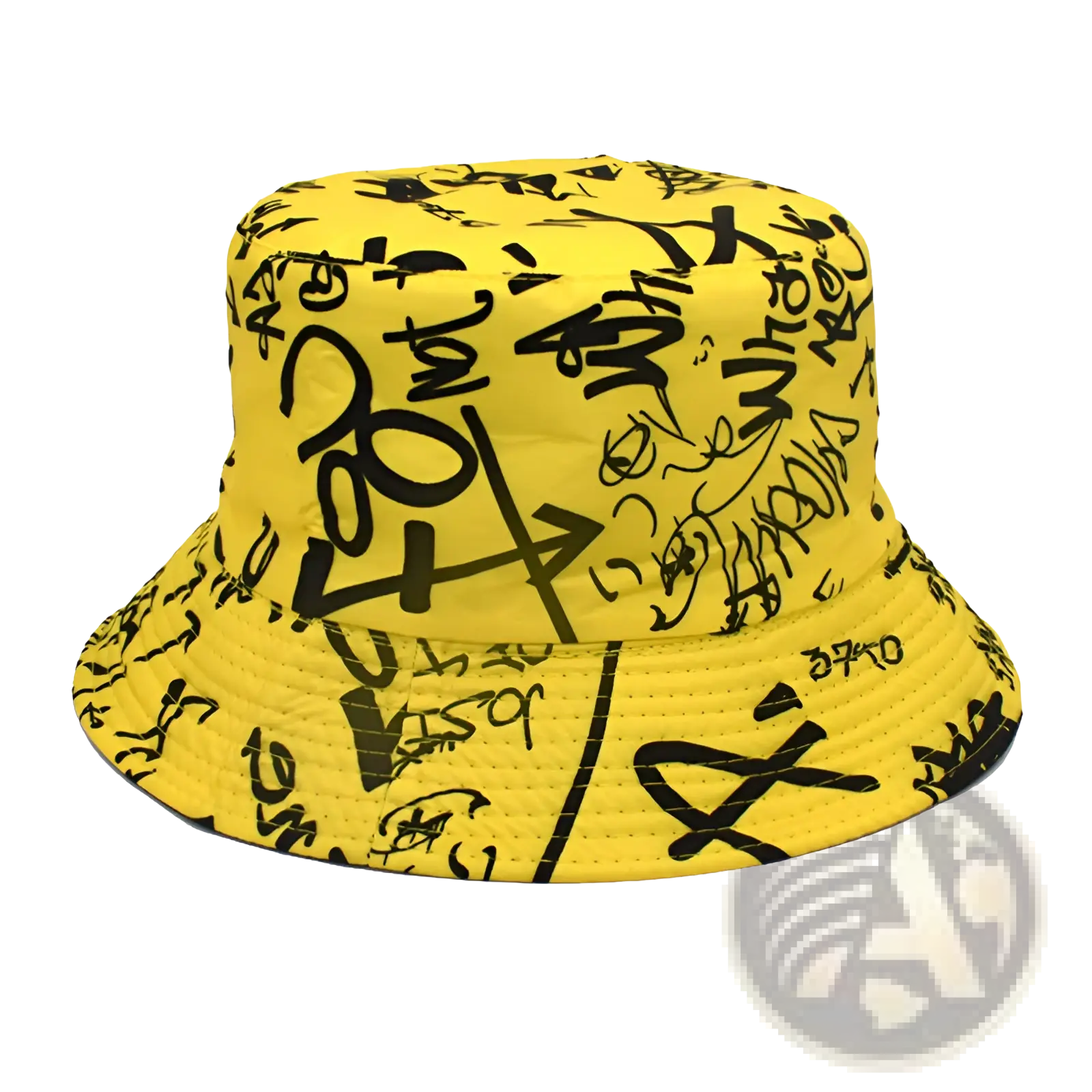 Bright yellow breathable graffiti bucket hat with bold black lettering ideal for sunscreen and travel use