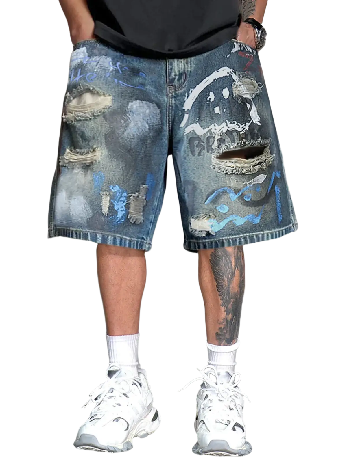 Graffiti distressed denim shorts for men featuring blue ripped knees, faded wash, and abstract paint splatter designs