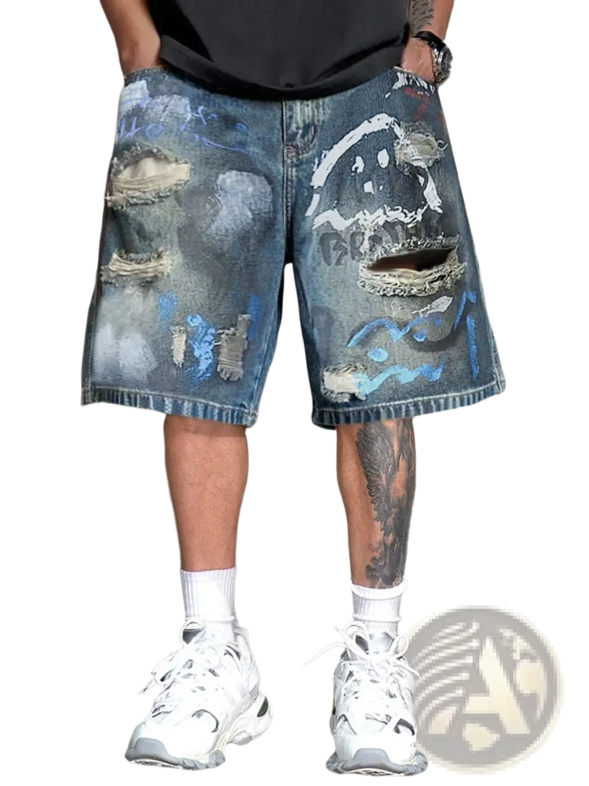 Distressed blue denim shorts for men featuring bold white and light blue graffiti artwork with rips and frayed edges