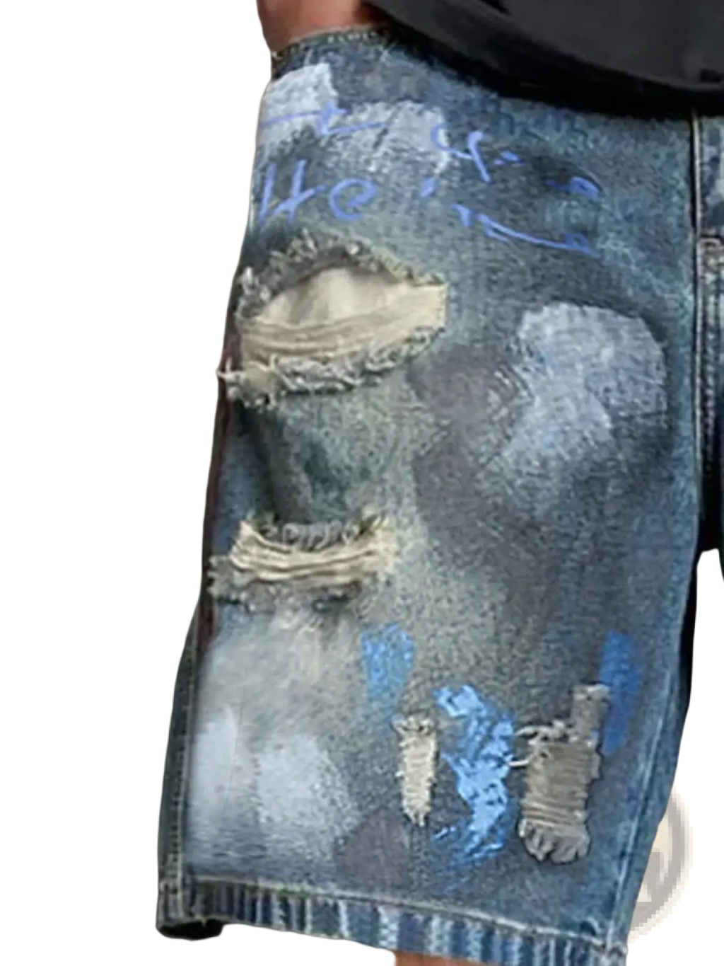 Graffiti distressed denim shorts men in blue featuring intentional rips faded patches and spray-painted graffiti-style markings