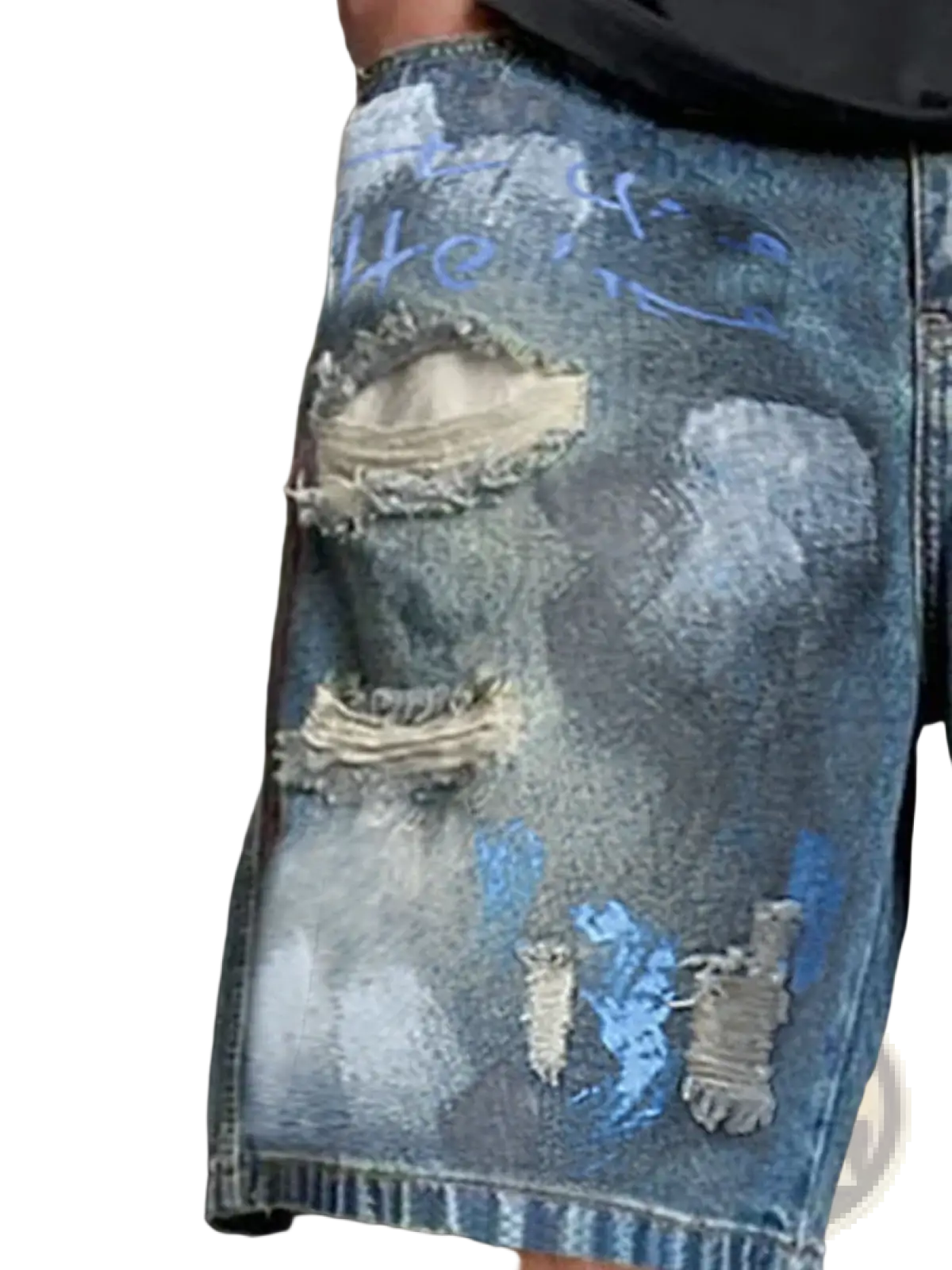 Graffiti distressed denim shorts men in blue featuring intentional rips faded patches and spray-painted graffiti-style markings