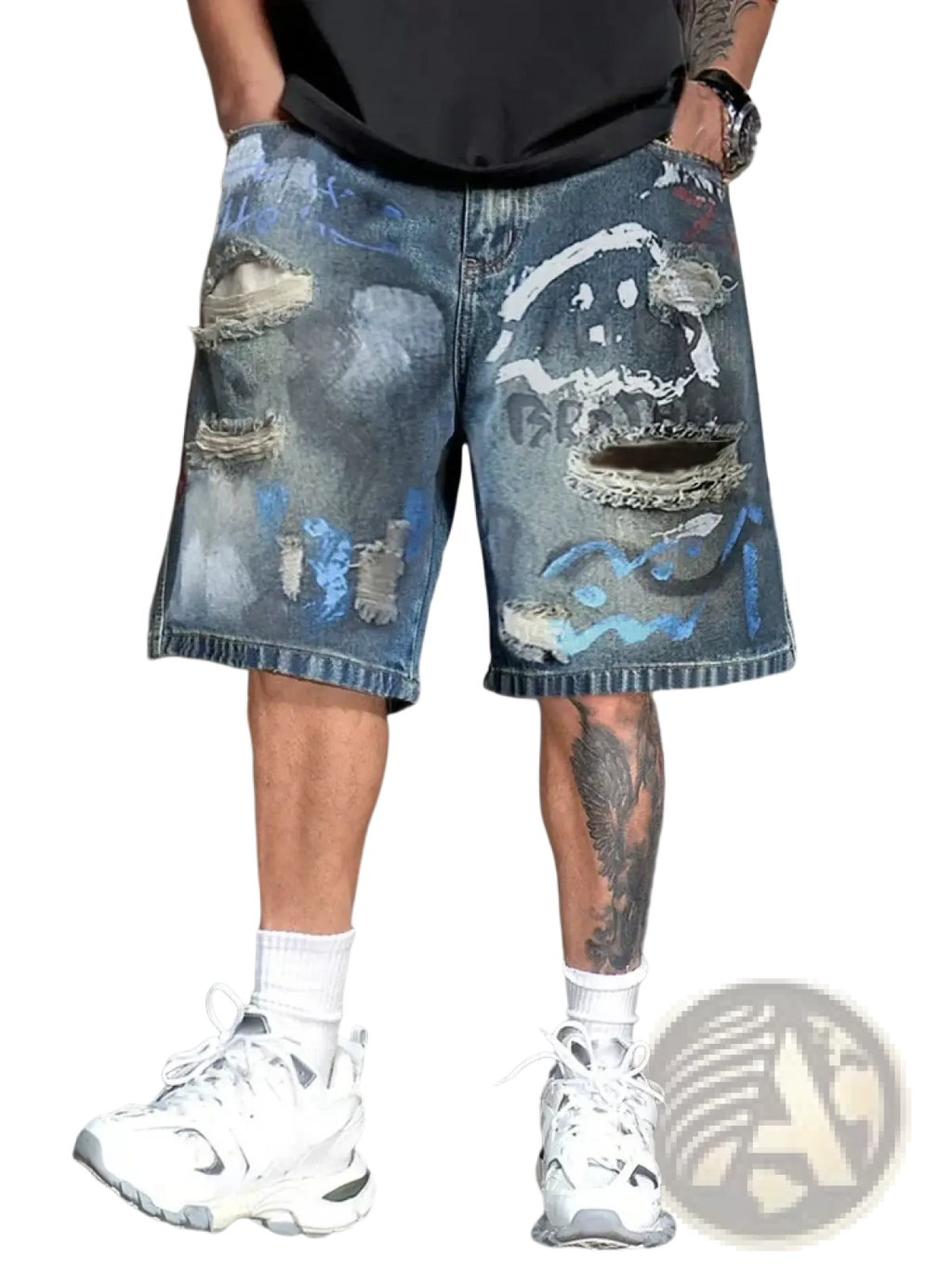 Distressed blue denim shorts for men with painted face design ripped details and faded wash Graffiti Distressed Denim Shorts