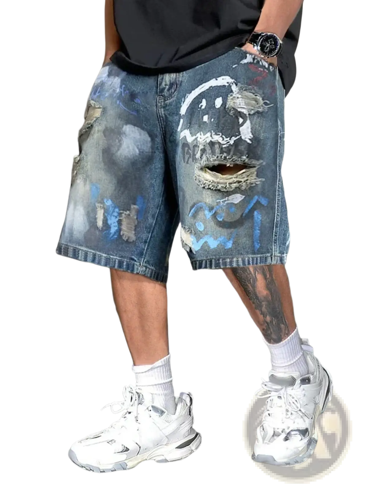 Graffiti distressed denim shorts for men featuring a faded wash blue fabric with ripped details and graffiti-style face design