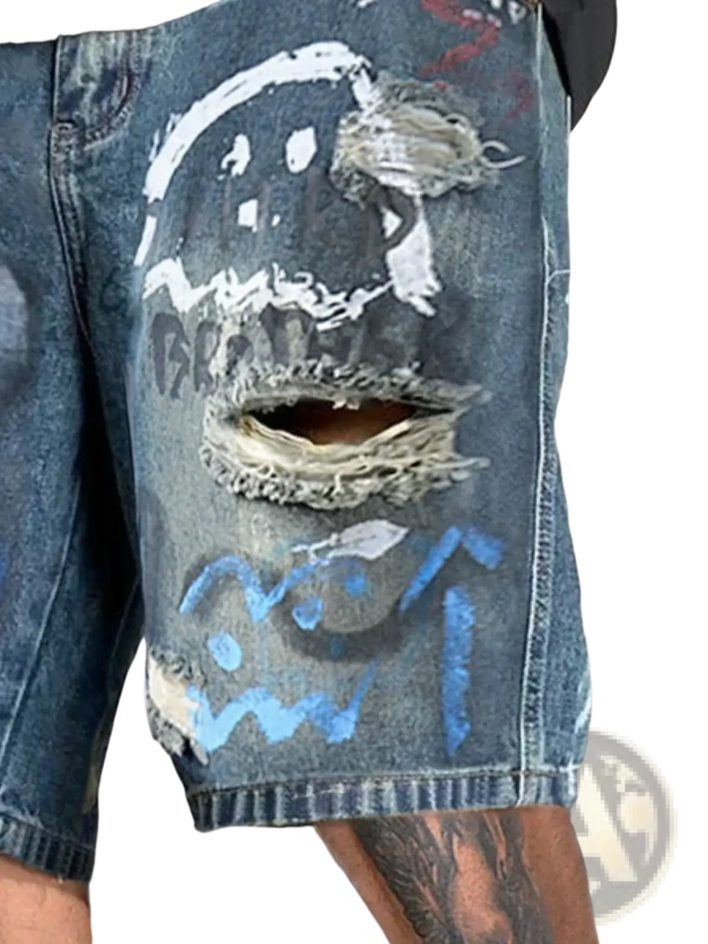 Distressed blue denim shorts for men with white and light blue graffiti-style graphic and intentional rips