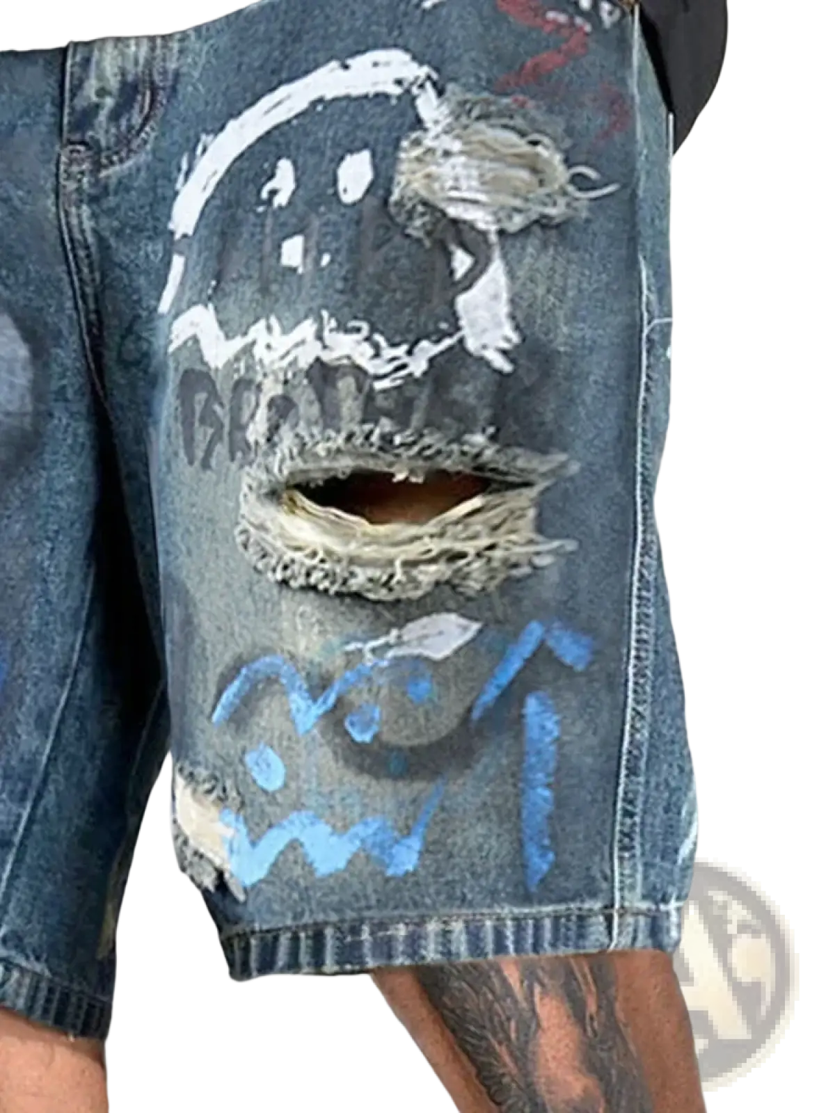 Distressed blue denim shorts for men with white and light blue graffiti-style graphic and intentional rips