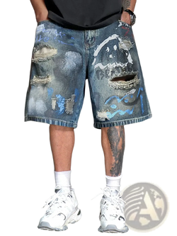 Graffiti distressed denim shorts for men featuring blue ripped knees, faded wash, and abstract paint splatter designs