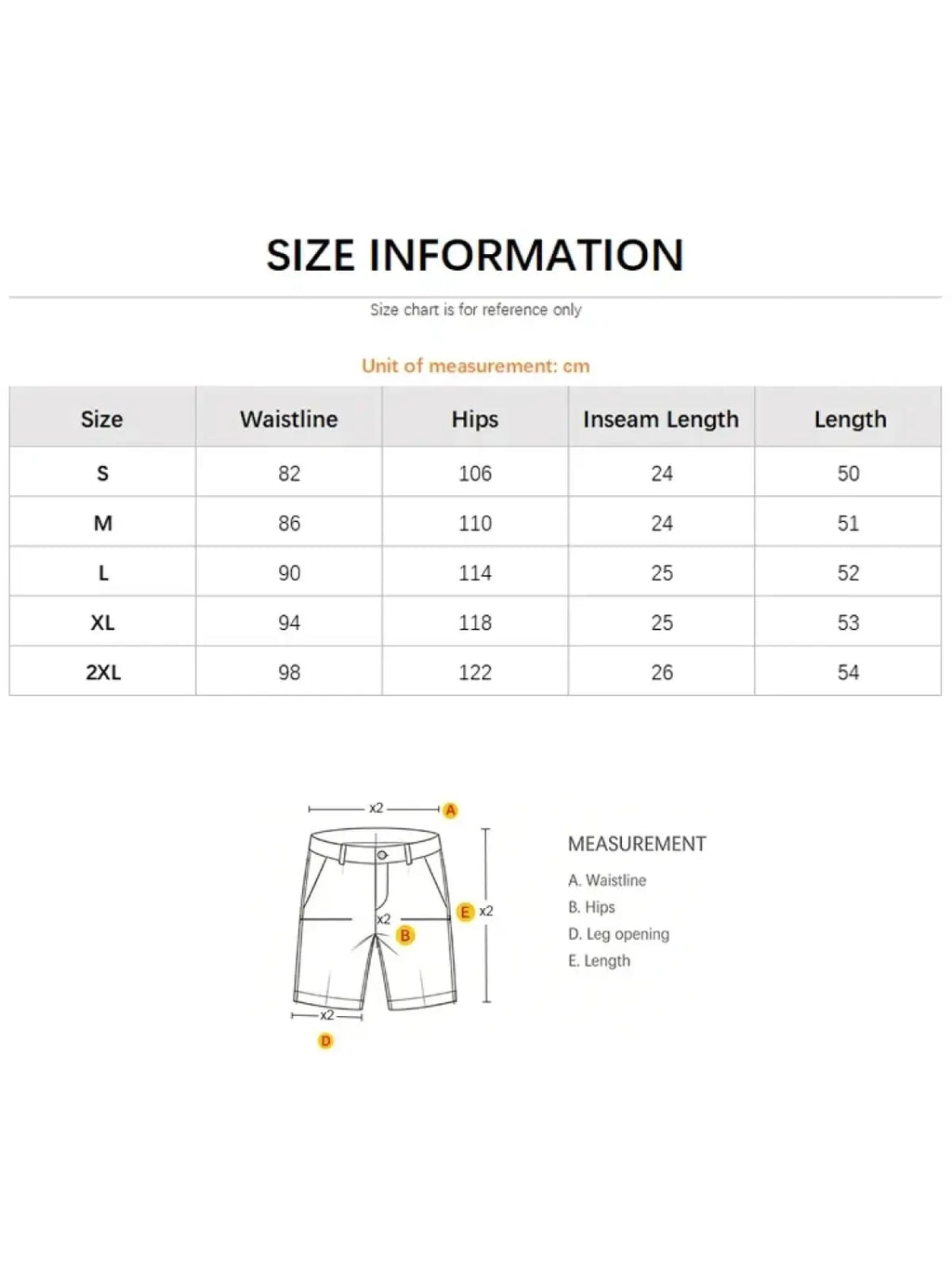 Size chart for men’s graffiti distressed denim shorts showing measurements in centimeters from S to 2XL