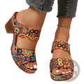 Colorful floral-patterned graffiti high heel slide sandals with chunky heel and adjustable buckle straps