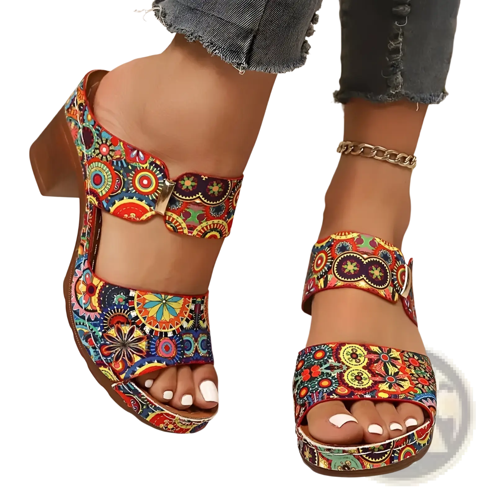 Colorful floral-patterned graffiti high heel slide sandals with chunky heel and adjustable buckle straps