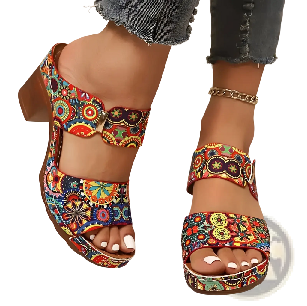 Colorful floral-patterned graffiti high heel slide sandals with chunky heel and adjustable buckle straps