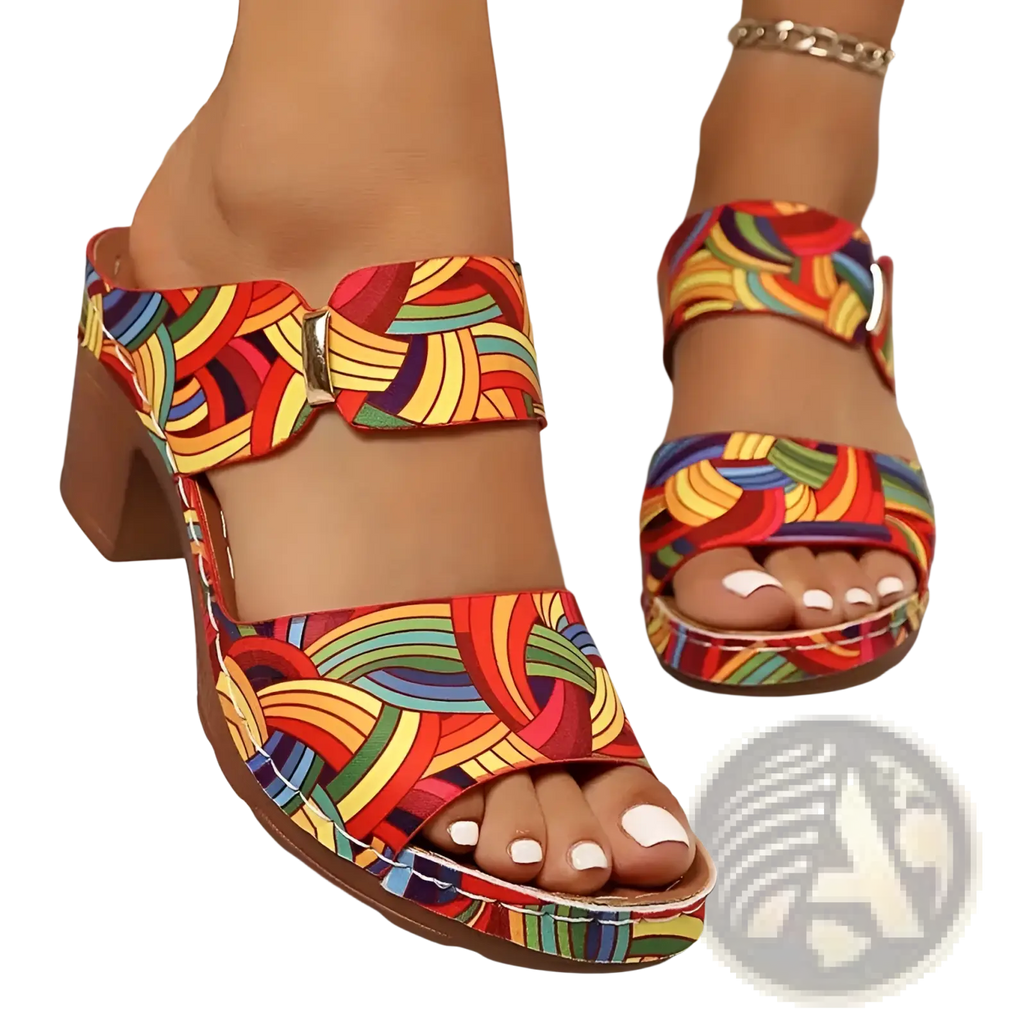 Colorful rainbow-patterned graffiti high heel slide sandals with chunky heel and metallic buckle