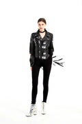 Black studded leather biker jacket with silver hardware and graphic patches in womens graffiti rivet fringe style