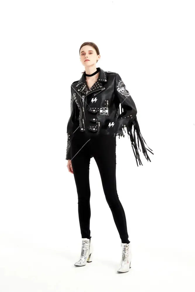 Women’s graffiti rivet studded fringe black leather biker jacket with silver studs embroidered patches and sleeve fringe detailing