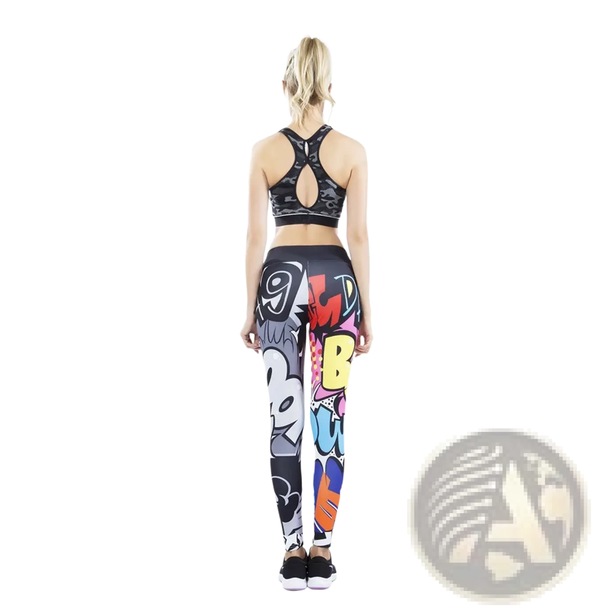 Black high waist workout leggings with vibrant colorful graffiti-style lettering and pop art graphics for fitness