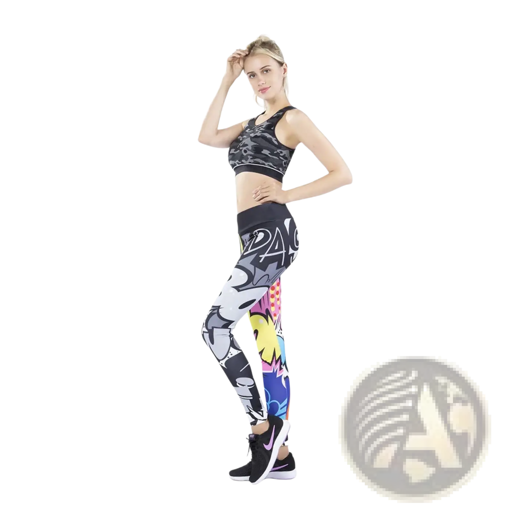 Black and white camouflage sports bra with bold colorful comic style graphics on matching high waist pop art leggings