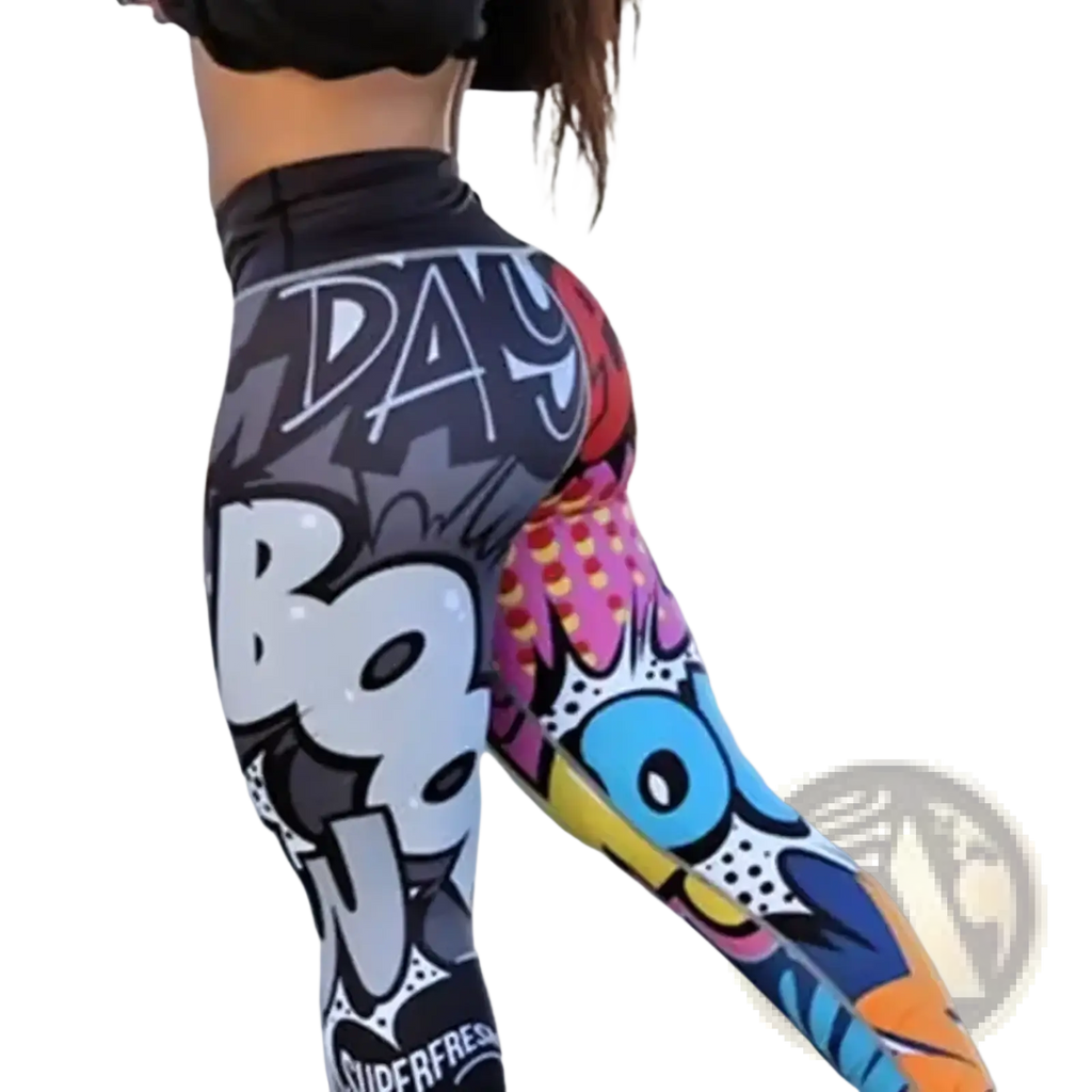 Vibrant graffiti workout leggings featuring high waist pop art design in black white pink blue yellow and orange with day boo print
