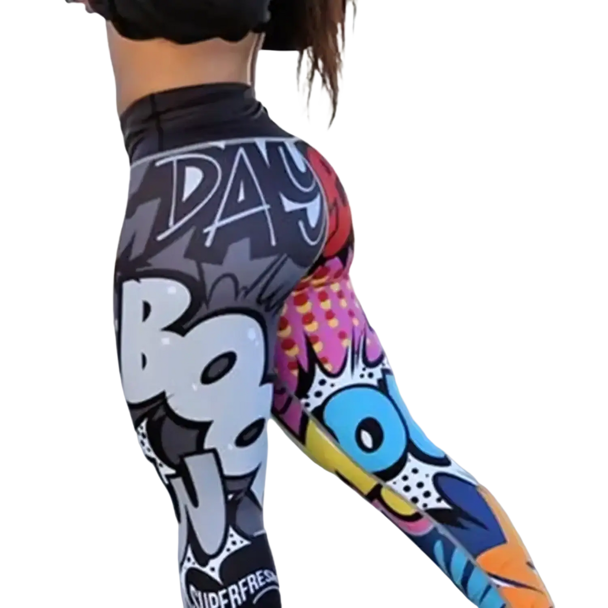 Vibrant graffiti workout leggings featuring high waist pop art design in black white pink blue yellow and orange with day boo print