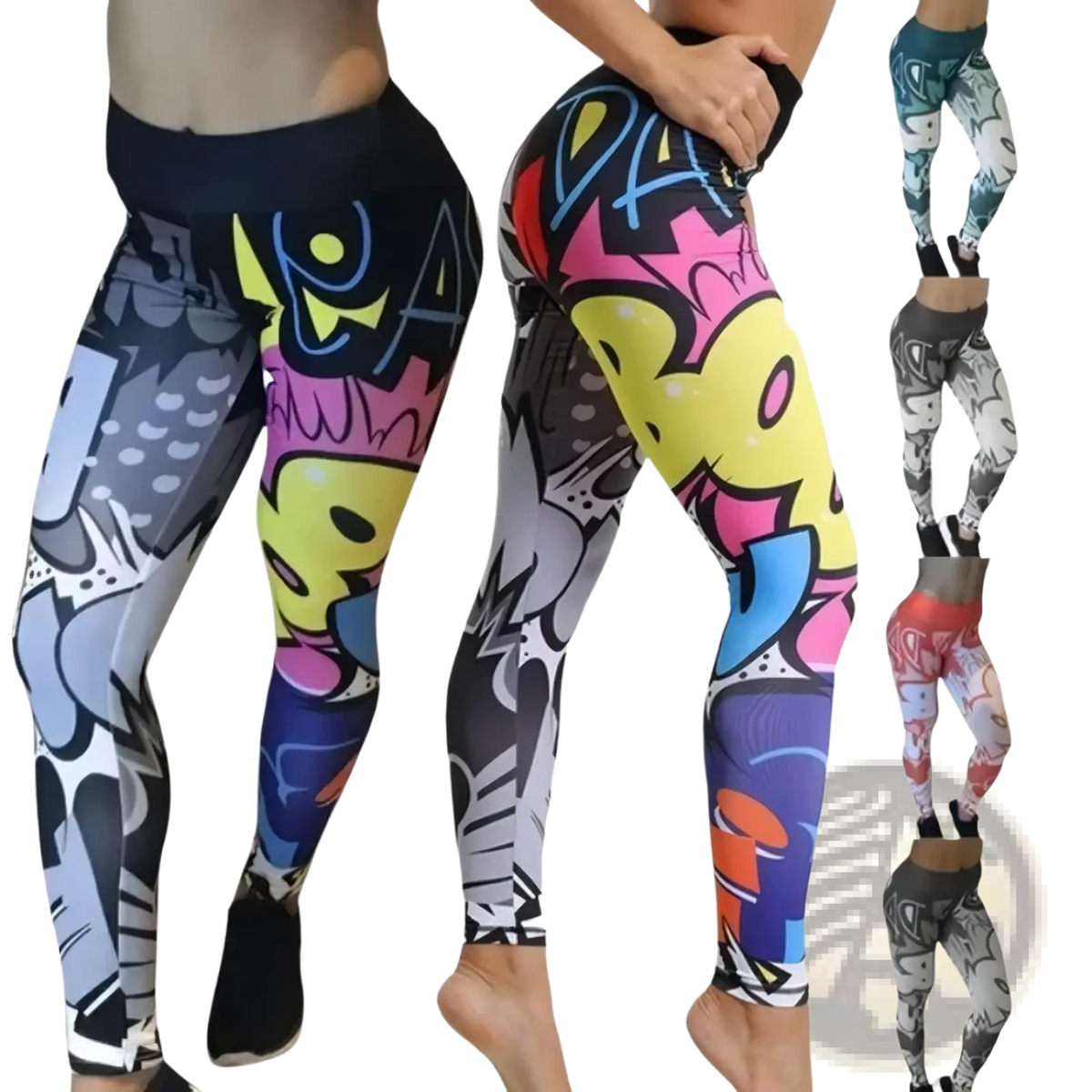 Vibrant graffiti workout leggings with a bold multicolored design and black elastic waistband for fitness use
