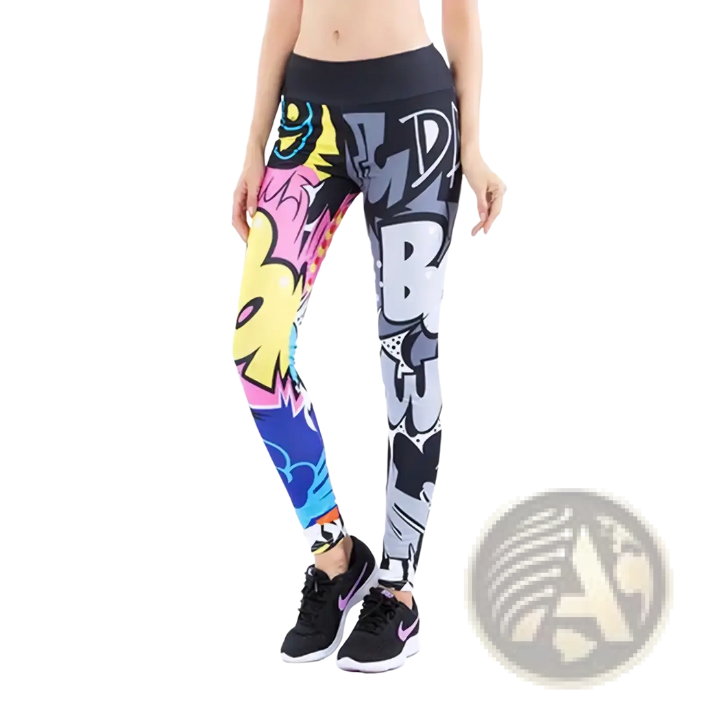 Vibrant graffiti workout leggings with bold colorful comic book graphics and a black waistband for fitness use