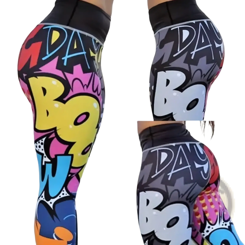 Graffiti workout leggings high waist pop art fitness pants with vibrant comic book lettering in black pink yellow blue and orange