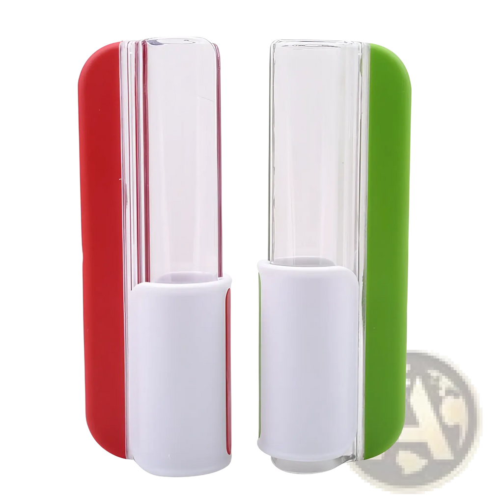 Grape and tomato slicer fruit cutter with red and green silicone handles and clear plastic case on white bases